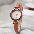 Damen Quarzuhr mit Roségold Diamantgehäuse und braunem Lederarmband - Rosa