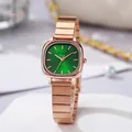 Detail of rose gold square watch with a deep green sunray dial and bamboo link band - Rose Gold Green Face