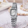 Detailed macro shot of an elegant oval silver quartz watch for women with a white dial - Silver Band White Dial
