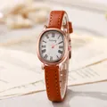 Montre vintage à quartz pour femme avec boîtier ovale or rose et bracelet en cuir brun - Bracelet Café (Boîtier Or Rose) Cadran Blanc