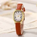 Montre à quartz vintage pour femme avec boîtier doré ovale et bracelet en cuir brun - Bracelet Café (Boîtier Or) Cadran Blanc