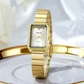 Elegant gold rectangular ladies quartz watch with Roman numerals and stainless steel band - Gold Strap White Dial