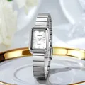 Elegant silver rectangular quartz watch for women with polished stainless steel mesh band - Silver Band White Dial