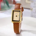 Orologio rettangolare vintage da donna in oro con quadrante champagne e cinturino in pelle - Cinturino Marrone Quadrante Oro
