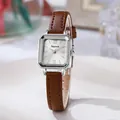Elegant women's square silver watch with a brown leather strap and retro Roman numerals - Red Strap White Dial