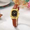 Vintage tonneau quartz watch for women with gold case and brown lizard-grain leather strap - Brown Strap Gold Case Black Dial