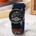 Detail van outdoor sporthologe met blauwe nylon band en mini decoratief kompas - Koningsblauw Band Zwarte Wijzerplaat