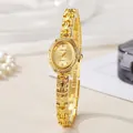 Elegant gold vintage oval bracelet watch for women with ornate metal carving and quartz dial - Gold Steel Strap Gold Dial