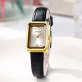 Elegant rectangular gold quartz watch with a black leather strap and Roman numeral XII - Gold Case Black Strap White Dial