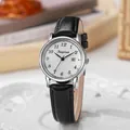 Classic women's quartz watch with black leather strap and round white calendar dial - Black Strap Silver Case White Dial