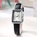Reloj de cuarzo vintage rectangular plateado para mujer con correa de cuero negro y cristales - Caja Plateada Correa Negra Esfera Blanca