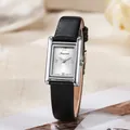 Elegante reloj rectangular de plata con correa de cuero negro y número romano XII - Correa Negra Caja Plateada Esfera Blanca