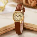 Retro small oval quartz watch for women with brown leather strap and Roman numerals dial - Brown Strap Gold Case Gold Dial