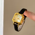 Retro women's square quartz watch with golden case and slim black leather strap - Black