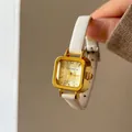 Elegant GoGoey square quartz watch for women with gold dial and white leather strap - White
