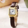 Vintage vierkant gouden quartzhorloge voor dames met Romeinse wijzerplaat en leren band - Koffie Band Gouden Kast Witte Wijzerplaat