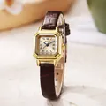 Vintage dameskwartshorloge met gouden achthoekige kast en bruine leren horlogeband - Koffie Band Gouden Kast Gouden Wijzerplaat