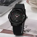 Modern black silicone watch for women with luxury dial, calendar display, and red accents - Black