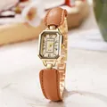 Retro-Armbanduhr mit achteckigem Gehäuse in Gold und braunem Lederkettenarmband - Aprikose
