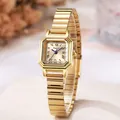 Vintage gold square watch for women with champagne dial and Roman numerals on elastic band - Gold Band Gold Dial