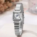 Vintage square ladies watch with silver stretch band and blue hands in a classic design - Silver Band White Dial