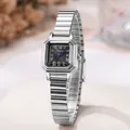 Detail of classic square vintage watch with black Roman dial and silver elastic band - Silver Strap Black Dial