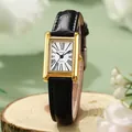 Vintage rectangular women's watch with gold case, Roman numerals and black leather strap - Black Strap - Gold Case White Dial