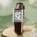 Vintage rectangular women's watch with brown leather strap and Roman numerals dial - Brown Strap - Silver Case White Dial