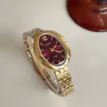 Elegant gold oval watch for women with a deep wine red dial and chain link strap - Gold with Red Dial