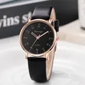 Minimalist quartz watch with black leather strap and rose gold case for men and women - Black Strap Black Dial