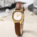 Elegant vintage small dial women watch with gold square case and brown leather strap - Brown Strap Gold Case White Dial