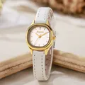 Detailed view of the octagonal gold bezel and white leather strap of this retro watch - White Strap Gold Case White Dial