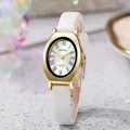 Detail view of oval gold case quartz watch with white Roman dial and crocodile leather strap - White Strap Gold Case White Dial