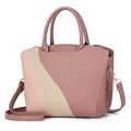 Detail of rose pink lychee leather bag with beige contrast stripes and gold hardware - Pink