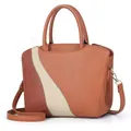 Detail of contrast stitching and ivory patchwork on brown pebbled leather handbag - Earthy Yellow