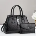 Vintage black textured large capacity shoulder bag and pouch set with silver hardware - Black