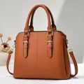 Women's large dark brown lychee leather tote bag with elegant gold buckle accents - 29cmx11cmx25cm / Earthy Yellow