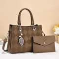Brown quilted leather handbag set with diamond pattern and leaf charm for women - Brown