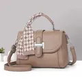 Taupe pebbled leather square handbag with a checkered silk scarf wrapped on handle - Dark Khaki