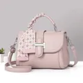 Pink lychee texture leather handbag with silk scarf handle and silver metal buckle - Pink