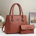 Caramel brown women's shoulder bag and small wallet set with metallic K logo - Khaki/Earth Yellow