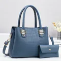 Navy blue crocodile pattern handbag and wallet set with gold hardware and strap - Blue Set / Blue