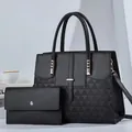 Chic black PU leather handbag and wallet set with embossed geometric triangle pattern - Black