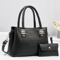 Elegant black lychee and crocodile texture handbag set with golden hardware and wallet - Black Zirconia Set / Black