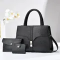 Detailed view of 3-piece black leather handbag set with croc-embossed texture and gold lock - 30*11*12CM / Black
