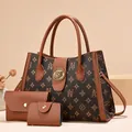 Three-piece brown faux leather tote bag set with monogram floral print and gold lock - Star Pattern Coffee