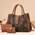 3-piece printed tote bag set with brown PU leather, crossbody bag and small pouch included - Letter Coffee