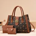Women's monogram tote bag set with three pieces in brown leather and gold hardware - F-Pattern Coffee