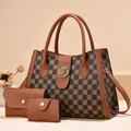 Three-piece checkered tote bag set with floral patterns and gold emblem in brown - Coffee Plaid