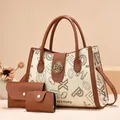 3-piece beige lychee leather handbag set with tote, wallet and pouch in brown trim - Letter Off-white
